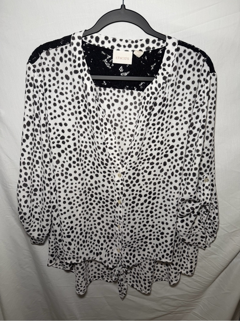 Chico's Black and White Dalmatian Print Tie-Front Button Down